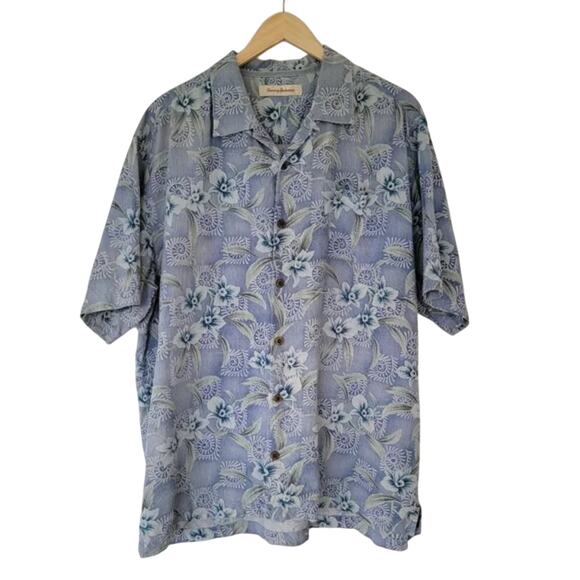 Tommy Bahama Hawaiian Button-Down Silk Shirt Mens XXL Light Blue Green Tropical - Picture 1 of 11